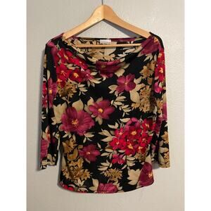 Vintage Tapemeasure Shirt Womens Large Floral Stretch Cowl Neck Whimsigoth Y2K